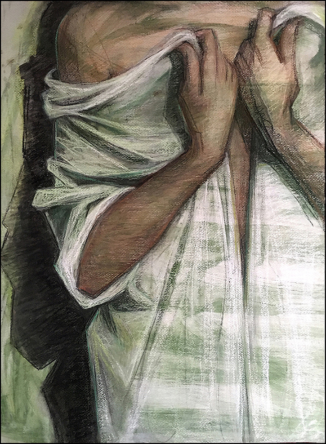 Diane Rosen, "Anonym," 2021, assorted soft pastels and acrylic paint on Fabriano Murillo paper, 24x18 in. Drip marks and lightly brushed paint echo folds and flow of semi-transparent fabric. The headless subject remains intentionally ambiguous.