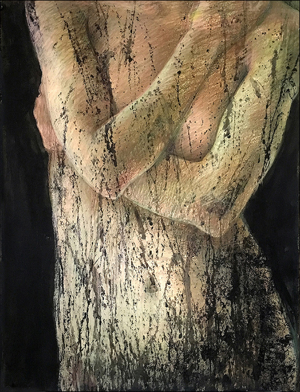 Diane Rosen, "Dark Roots," 2018, assorted soft pastels and acrylic paint on Strathmore 500 Series Mixed Media paper, 27x20 in. SOLD. When layers of pastel completely obscured underlying patterns, I splattered acrylic over the figure and painted negative space solid black to create a silhouette effect.