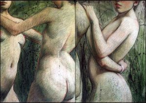 Diane Rosen, "Möbius Redux," 2021, assorted soft pastels and acrylic paint on two joined sheets of Fabriano Murillo paper, 27x42 in. In mathematics the Möbius strip is an infinite loop featuring a one-sided surface without boundaries; here it symbolizes infinity and unity. Received the Blick Art Materials Award, 2021 Pastel Society Annual, National Arts Club, New York City.