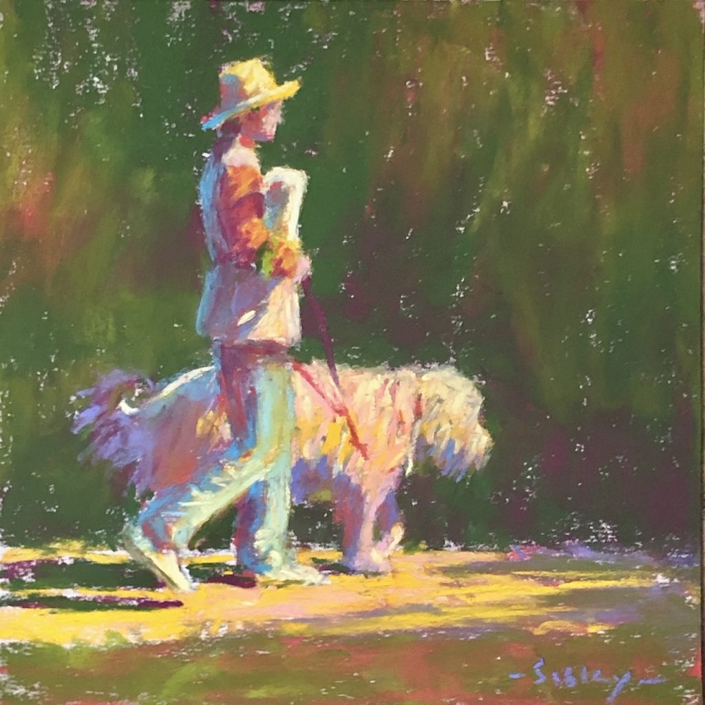 Paint Anything With This Set of Soft Pastels: Gail Sibley, "In Unison" (Dog Walker series), Unison Colour pastels on UART 400, 7 x 7 in.