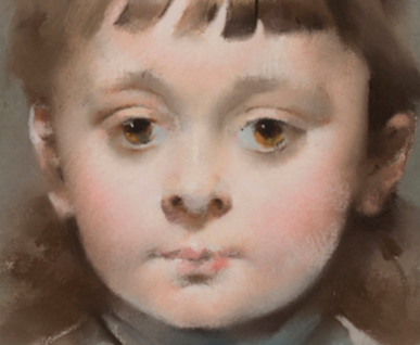 Louise Abbéma, "Portrait of a Young Girl with a Blue Ribbon," no date, pastel on canvas, 18 x 15 in., National Museum of Women in the Arts, Washington, DC, USA - close-up of the face