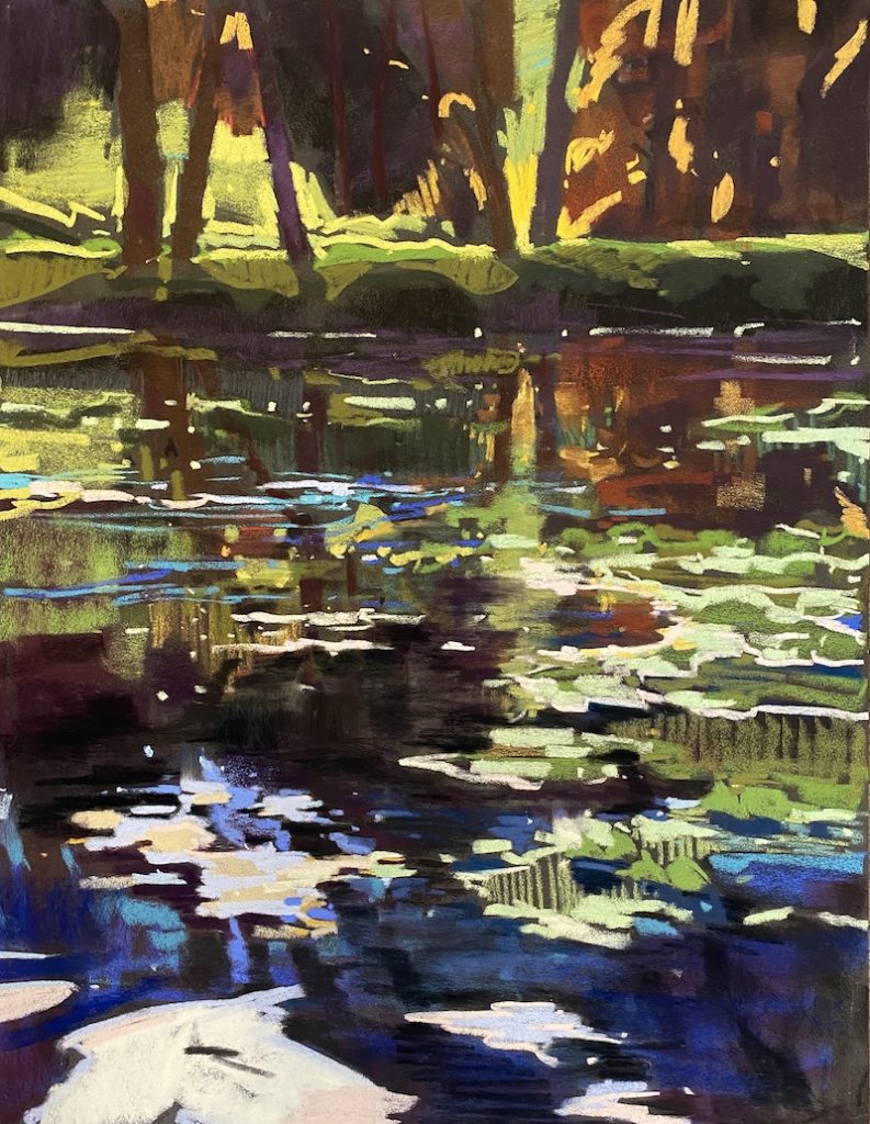 Tara Will, "Fall Lily Pads" (done en plein air), 2021, soft pastel, 25 x 19 inches. Available
