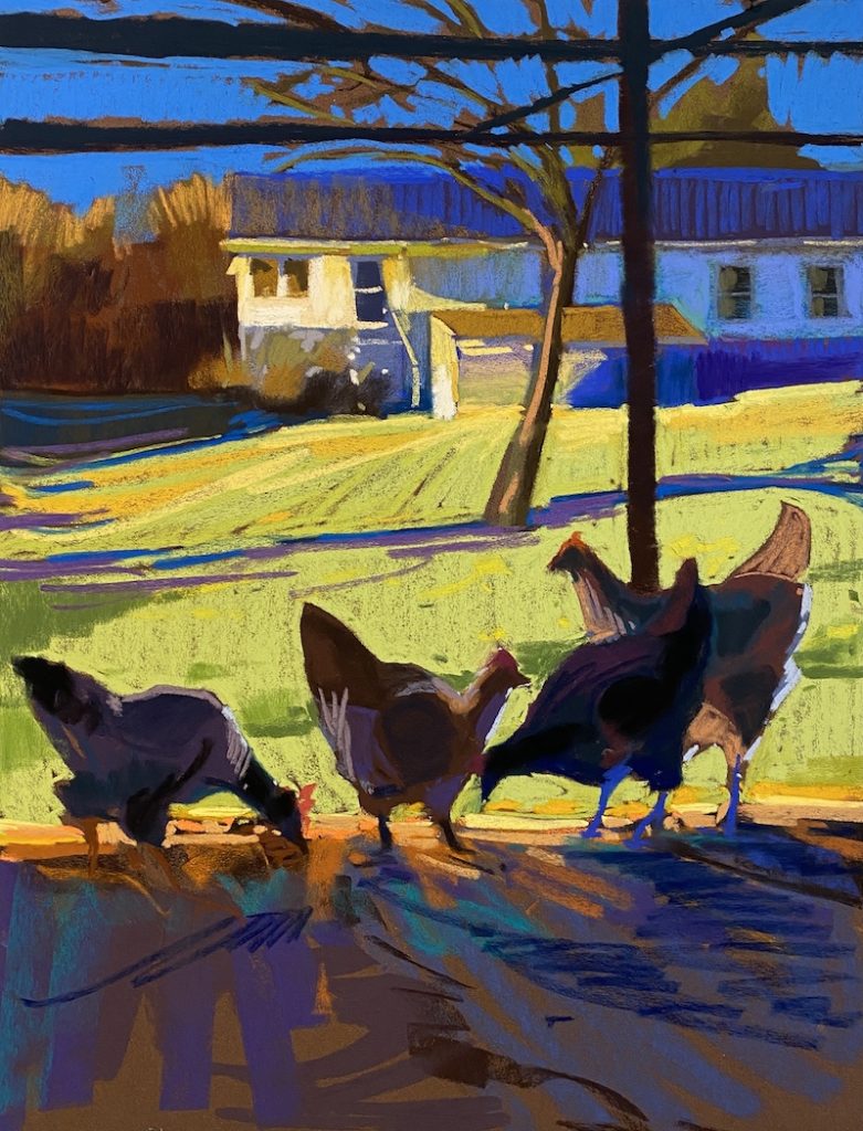 Tara Will, "Jordan's Chickens," 2022, soft pastel, 25 x 19 in.