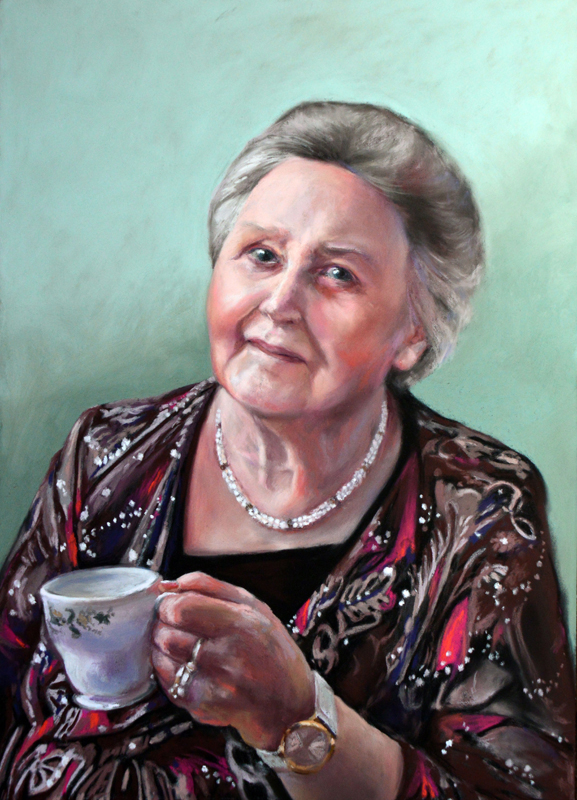 Lynn Howarth, “Anyone for a Cuppa?” 2018, soft pastel on PastelMat 50x35 cm. Sold.