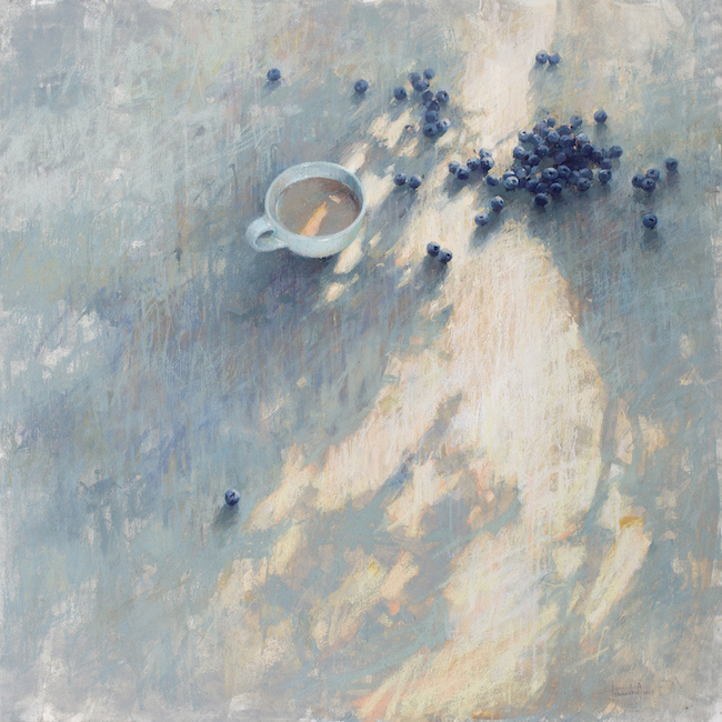 Olga Abramova, "Blueberry. Sunny Latte," 2021, pastel, acrylic, charcoal оn Canson paper, 100 x 100 cm. One of the paintings in the Blueberry series. Was exhibited at the 49th PSA Annual Exhibition Enduring Brilliance and received the Richard MсKinley Mentorship Award.