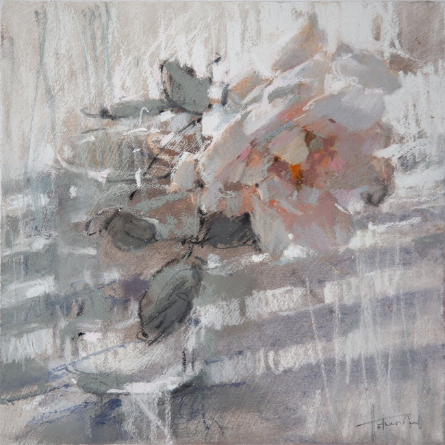 Olga Abramova, "Rose 1," 2021, pastel, charcoal on white paper, 26 x 26 cm. My series, Little Flowers, consisted of six small paintings and almost all of them are made with coloured charcoal in underpainting.