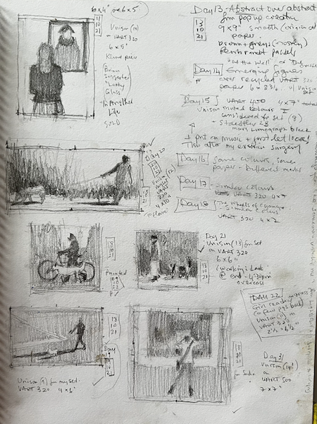 A sketchbook of thumbnails - Dogwalkers and gallery goers