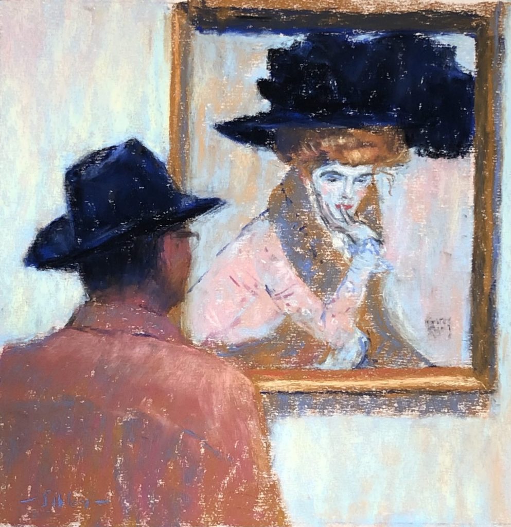 Gail Sibley, "Black Hats (Gallery Goer series)," Unison Colour pastels on UART 500, 10 x 10 in. Available. $625.