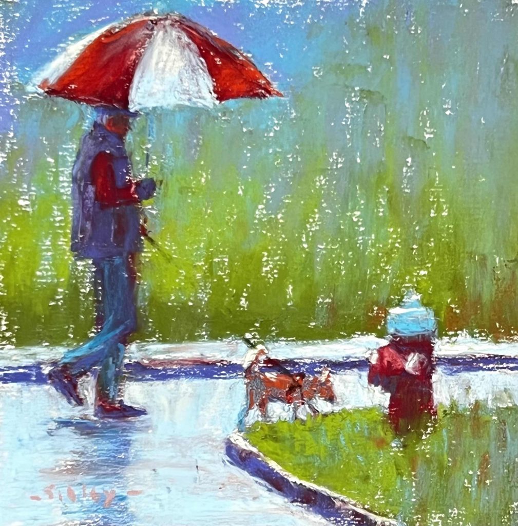 Gail Sibley, "Heading For The Hydrant (Dog Walker series)," Unison Colour pastels on UART 500 paper, 6 x 6 in. Available $225.