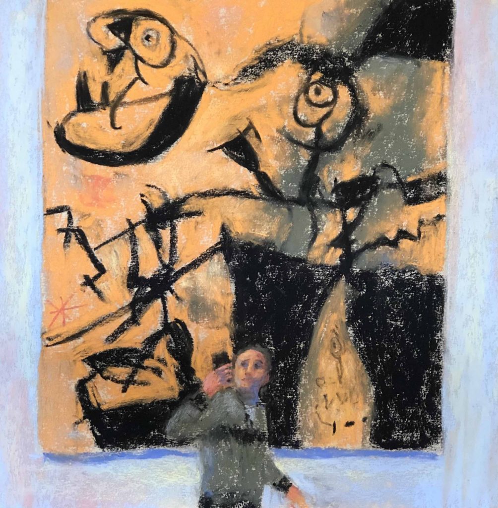 Gail Sibley, "Selfie with Women, Birds, (Gallery Goers series)," Unison Colour pastels on UART 320, 10 x 10 in. Available $625.