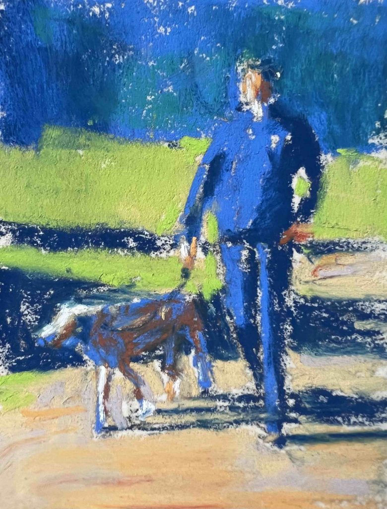 rhythm of the challenge: Gail Sibley, "Walkies!," Sennelier pastels on UART 600, 3 ½ x 2 ½ in. Available $50.
