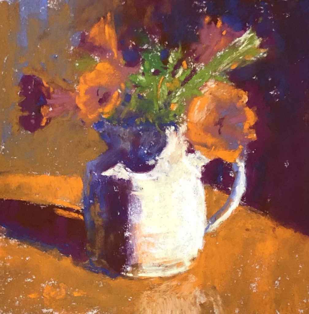 Gail Sibley, "White Jug with Flowers," Unison Colour pastels on UART 400, 4 ½ x 4 ½ in. Available. $100.