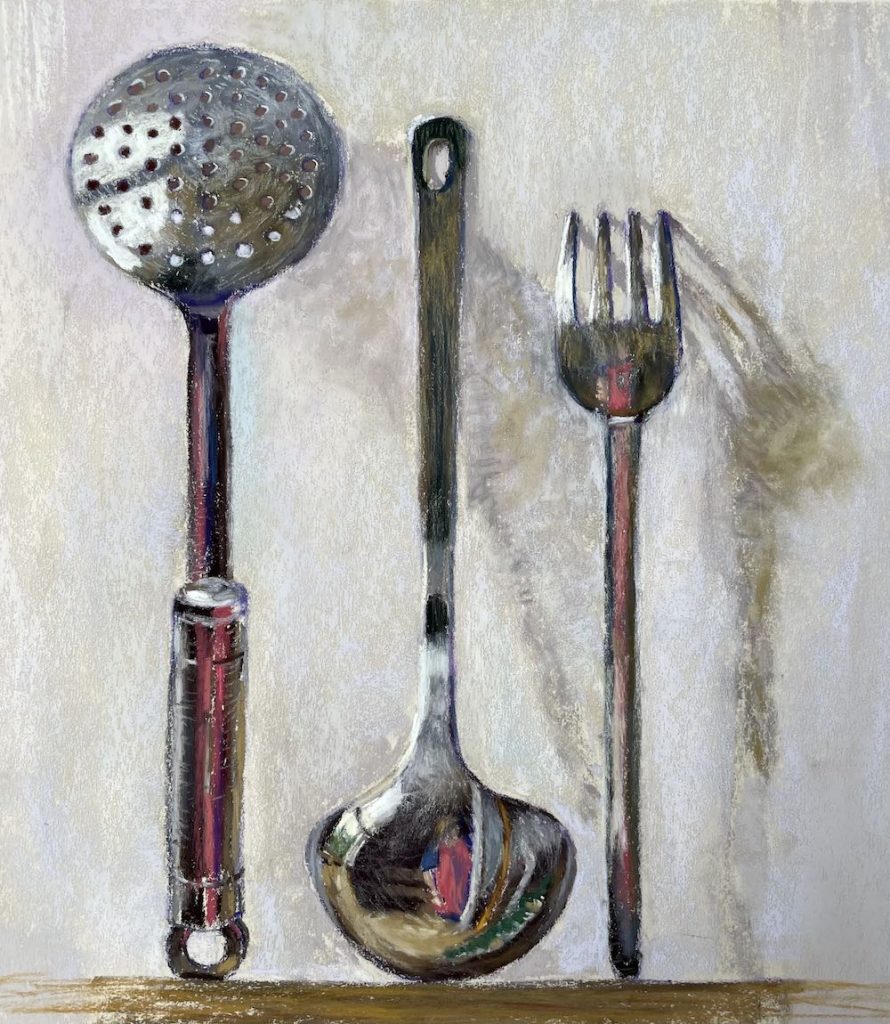 Fiona Carvell, "Ladle Selfie II," 2022, Unison Colour Pastels on UART paper, 14 x 12 inches. Available. Exhibited online with International Association of Pastel Societies (IAPS) online webshow 2022. (41st Open Division)