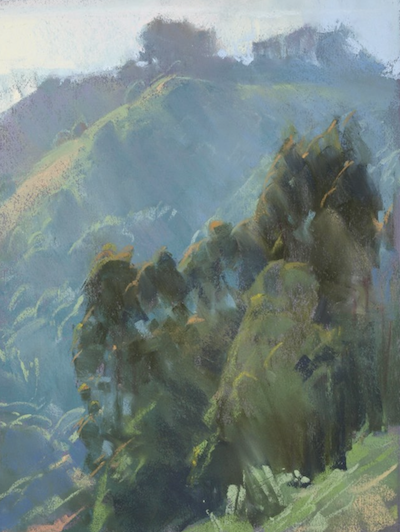 Bill Cone pastel painting. Late afternoon with a lot of bright haze in the air, really pushing the hill into the blues and violets at fairly close range.