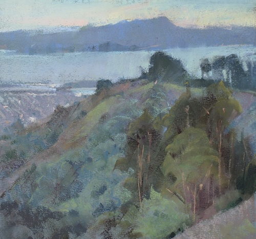 Bill Cone pastel painting. An overcast morning in the spring. Note the green grass on the distant hill.