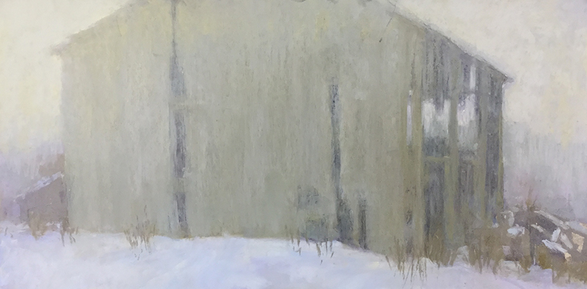 Carol Strock Wasson, Winter Haze, 2023, Pan Pastel and Blue Earth pastels over a monotype print. Working over monotypes is new and exciting. I struggle to know when to stop, allowing just enough of the print to show through the pastel
