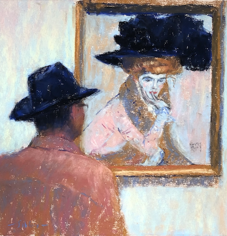 Gail Sibley, "Black Hats (Gallery Goers series)," Unison Colour pastels on UART 500, 10 x 10 in. Available. $625
