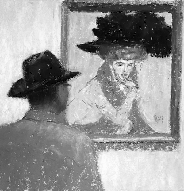 Gail Sibley, "Black Hats (Gallery Goers series)," in black and white