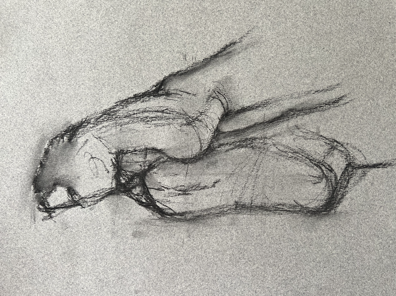 Taking small steps - drawing of feet in charcoal by Gail