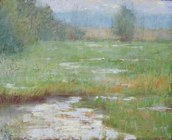 Carol Strock Wasson, Spring Haze, 2022, pastel on UART 320, 16x20 in. Available. Studio painting after plein air