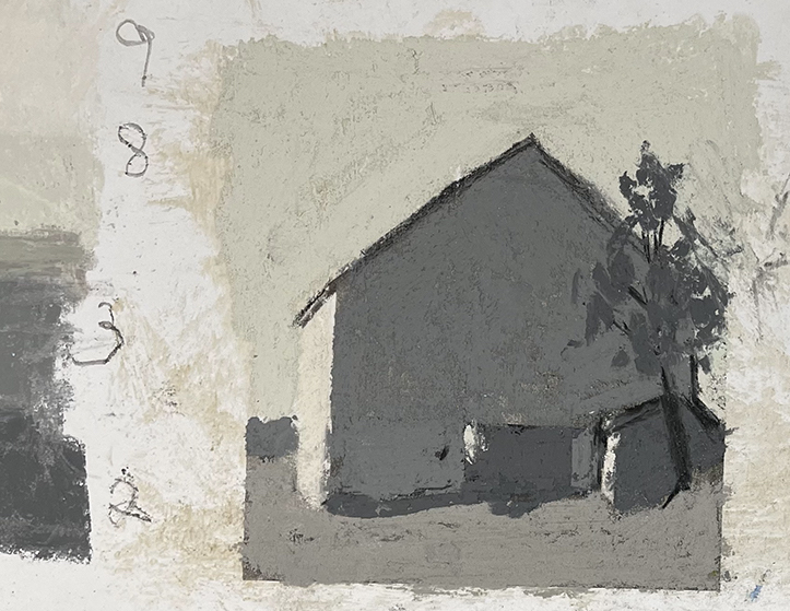 Value Study for barn 1: Using a wider range of values I can achieve the contrast to create a sunny day.