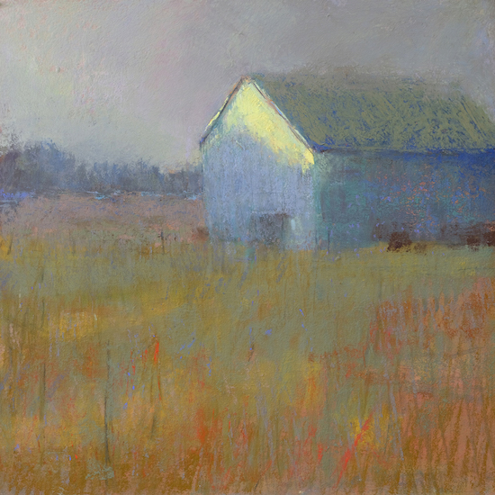 Carol Strock Wasson, Glow, 2023, Mount Vision, Unison Colour, Blue Earth pastel on mounted UART 320, 18x18 in. Available. Based on plein air studies, photos. Capturing that time of day when the light is setting or rising quickly is tricky. It is a fleeting moment of time.