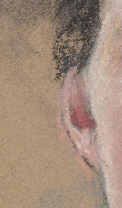 María Cassat, "Retrato de Mabel S. Simpkins," 1898, pastel sobre papel, 24 x 20 pulgadas (61 x 50,8 cm), Museo de Arte de Filadelfia, Filadelfia, Pensilvania, EE. UU. - detalle de la oreja (lado izquierdo)