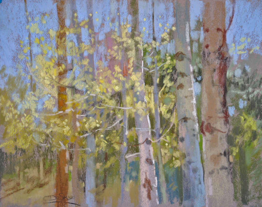 Christine Debrosky, "Aspen Heaven," 2020, various soft pastels on Wallis Belgian Mist, 9x12 in, plein air. Sold. I love painting aspen and for many years I tried to catch a grove, about 1 ½ hours away, when just leafing out. That year; success. It was pure heaven plein air painting amongst the tender new leaves.