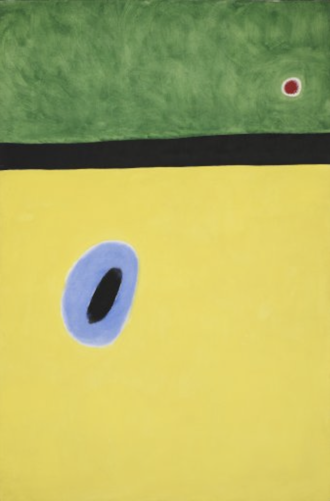 Joan Miró, "El ala de la alondra rodeada de azul dorado se reúne con el corazón de la amapola que duerme en el prado tachonado de diamantes," 1967, acrílico sobre lienzo, 195 x 130 cm, Fundació Joan Miró, Barcelona, ​​España