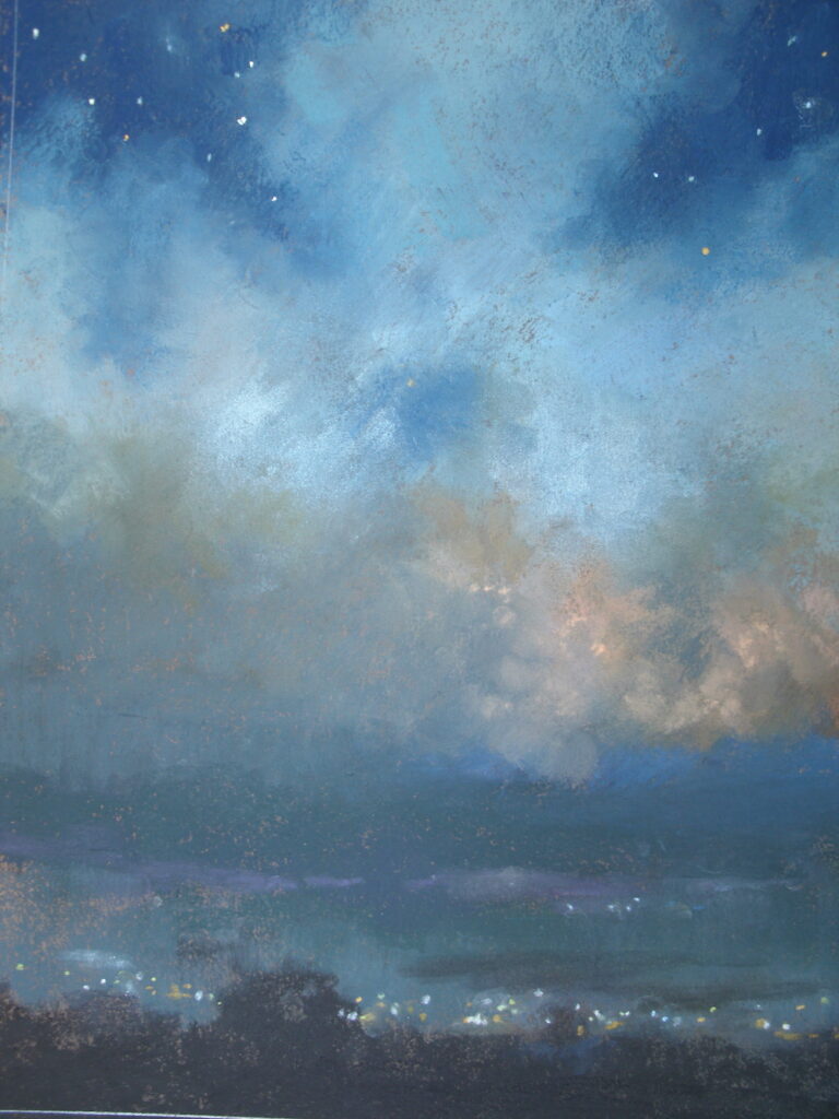 Christine Debrosky, "Monsoon Mood," 2021, Terry Ludwig, Great American, iridescent Diane Townsend, and other soft pastel on Canson Mi-Teintes, 8x6 in. I am fortunate to have an extensive vista from my patio and I can watch storms. The summer rains are dramatic, especially when I see the light twinkle from the homes below and the stars above.