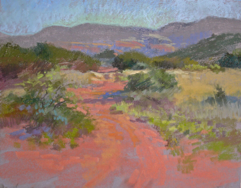 Christine Debrosky, "Red Dirt Morning," 2018, Terry Ludwig and various soft pastels on Canson Mi-Teintes, 16x20 in, plein air. Available. One summer I decided to spend time going out just about every day for a few weeks with a larger format. I love S shaped compositions, and this roadway provided just that. The larger size was a bit of a challenge, but that meant looser, bigger strokes, which was very gratifying.