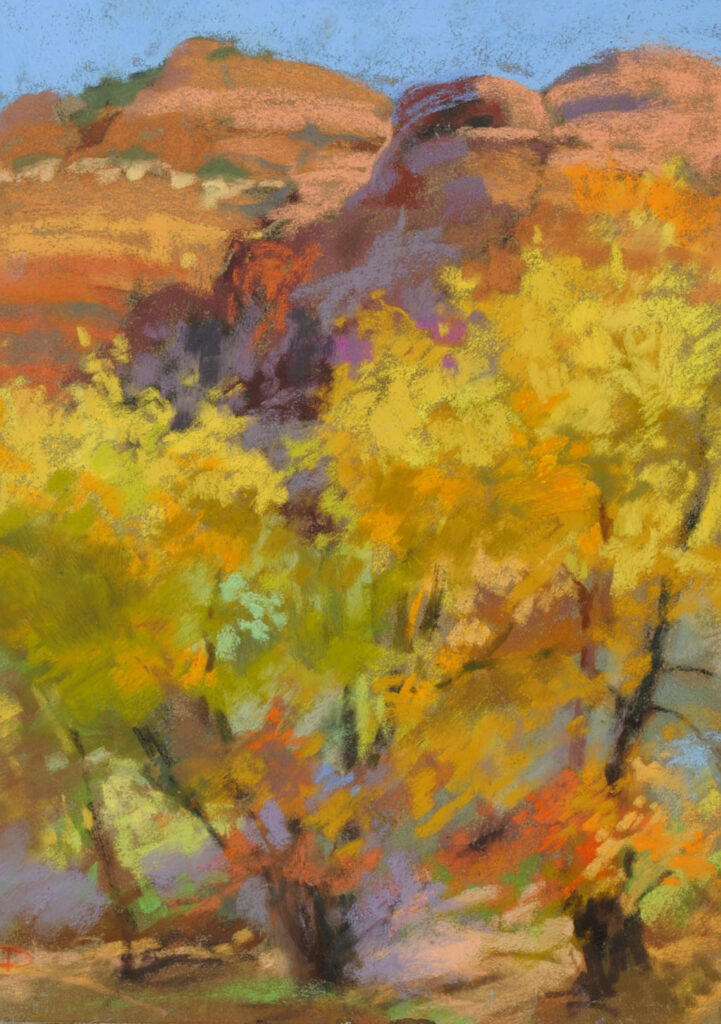 Christine Debrosky, "Tank Gold," 2013, various soft pastels on Sennelier la Carte, 12x9 in, plein air. This was painted during the Sedona Plein Air Festival, at a favourite location, which is several miles down a dirt/gravel forest road. The gold leaves against the red rocks and azure skies begged to be painted. To be honest, it is not my best plein air piece, but it proved invaluable to my creation of Precious Gold.