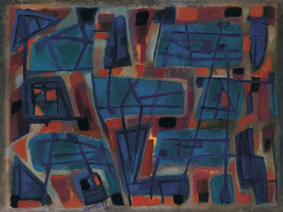 Alfer Manessier, "Composition Blue-Red (Seascape)," 1949, oil on canvas, 41 x 62 cm, Carmen T-B on loan to Museo Nacionale Thyssen-Bornemisza , Madrid, Spain