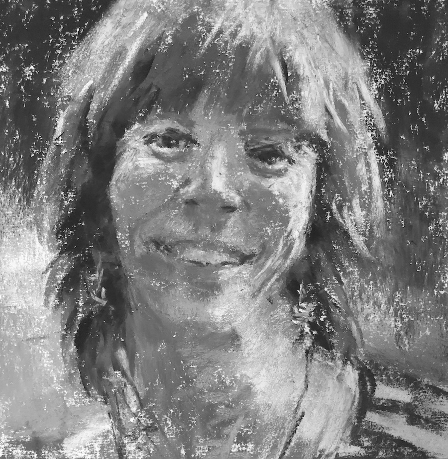 Gail Sibley, “Happy Me With Green," Unison Colour pastels on UART 320, 6 x 6 in. In black and white. You can see how I pretty much followed my value map. This is how you can go wild with colour - sticking with the correct (decided upon) values!