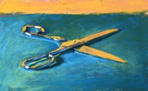 Working in a series: Gail Sibley, "Scissors 4 - Dressed in Yellow," Unison Colour pastels on UART 800, 6 x 10 in