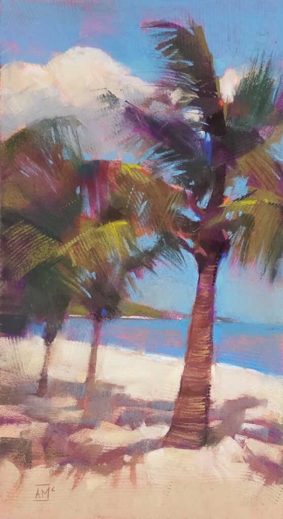 Andrew McDermott, "Palm Trees," 2022, pastel on La Carte, 17 x 9 inches