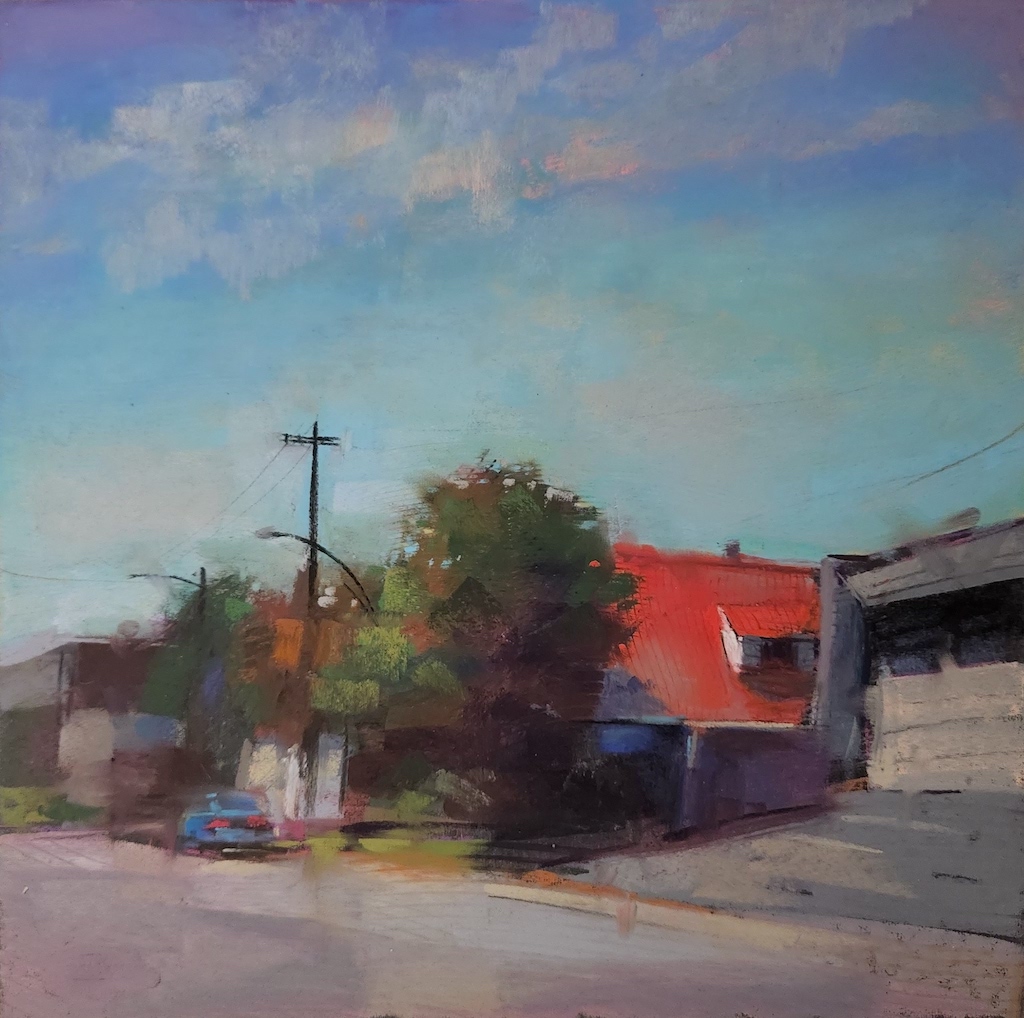 Andrew McDermott, "Red Roof," 2023, pastel on UART Dark, 16 x 16 inches