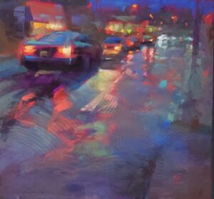 Andrew McDermott, "Warm Lights on a Cool Evening," 2023, pastel on UART Dark, 10 1/2 x 11 inches
