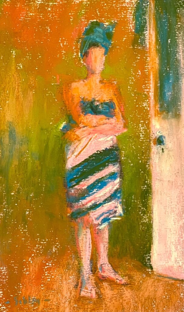 Gail Sibley, “Out of the Shower,” Unison Colour pastels on UART 500 paper, 7 ¼ x 4 ½ in. Available $195