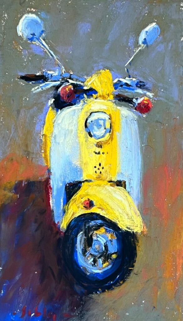 Letting go of the outcome - Gail Sibley, “Scooter Awaits,” Unison Colour pastels on UART 400, 9 x 5 inches. Available $195