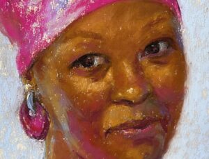 Gail Sibley, [Not yet titled], Unison Colour pastels and a Sennelier pink on UART 400 mounted on board, 15 1/4 x 11 1/2 in -close up of face