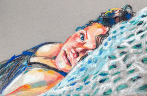 Kira Rudjen: Kira Ru-djen, Shanna With Dots, 2023, soft pastels on Canson Mi-Teintes, roughly 11 x 17 in.