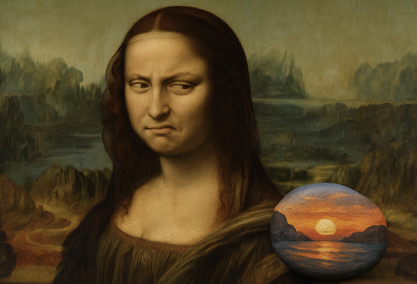 Digital artwork of the Mona Lisa glancing skeptically at a painted rock with a sunset scene; a playful visual commentary on the art vs kitsch debate.