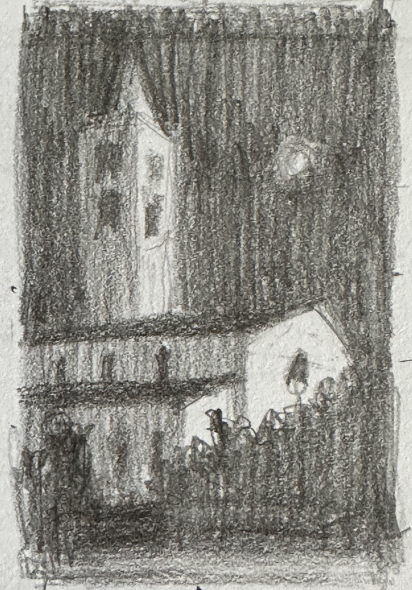 painting the night: Thumbnail in pencil, 9 x 6 cm (about 3 1_2 in by 2 1_3 in)