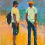 painting figures in conversation: Gail Sibley, Beach Conversation, Sennelier pastels on Pastelmat, 9 1:2 x 7 in
