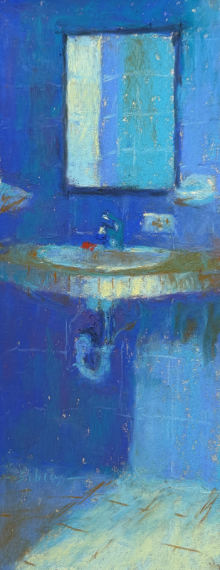 Unexpected Painting Subjects: A few tweaks and finished: Gail Sibley, A Slice of Blue Loo, Unison Colour pastels on UART 400, 11 1/2 x 4 1/2 in