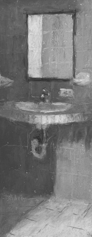Unexpected Painting Subjects: 8. A few tweaks and finished: Gail Sibley, A Slice of Blue Loo, in b x w