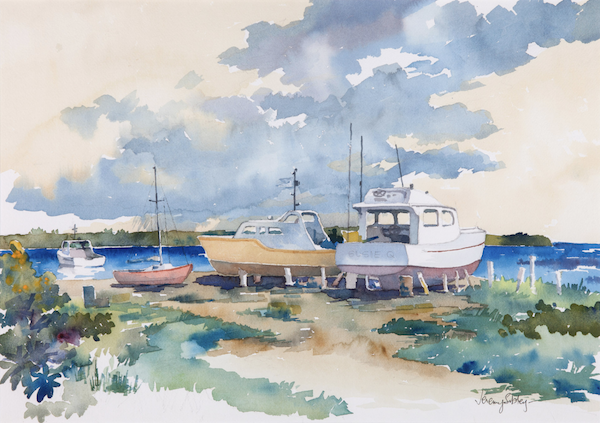 artistic talent - Jeremy Sibley, A Quiet Scene With Boats, 2004, watercolour, 21 x 27 in, National Gallery of the Cayman Islands, Georgetown, Grand Cayman