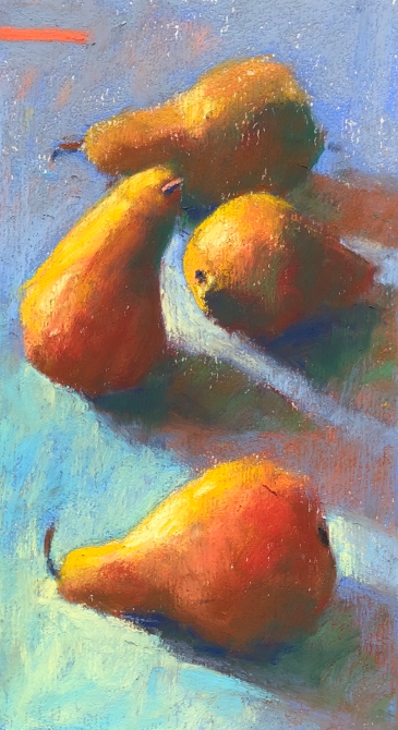don’t know what to paint: Gail Sibley, “Visionary Pears,” Unison Colour pastels on UART 240 paper, 11 x 6 in.